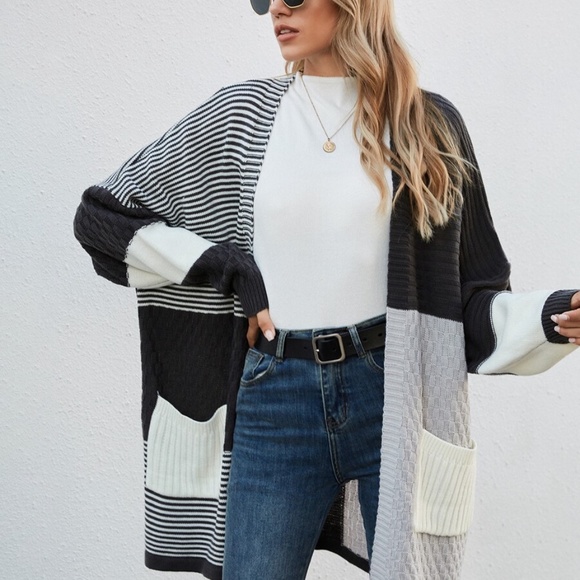 Oversized loose color block striped open cardigan - Picture 5 of 7